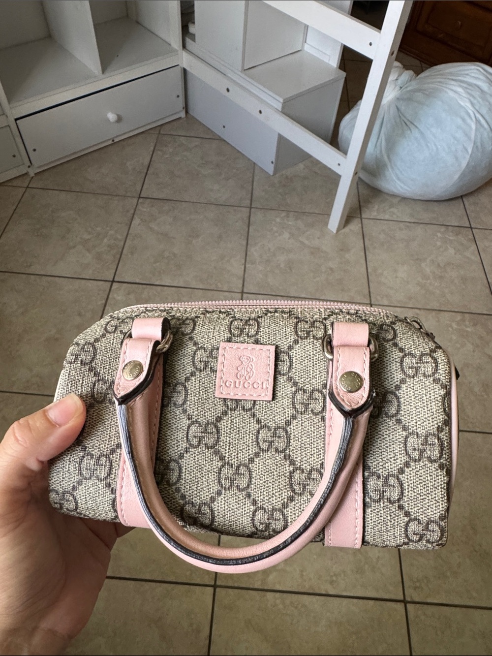 Gucci Beige GG Monogram Mini Top-Handle Bag with Pink Trim